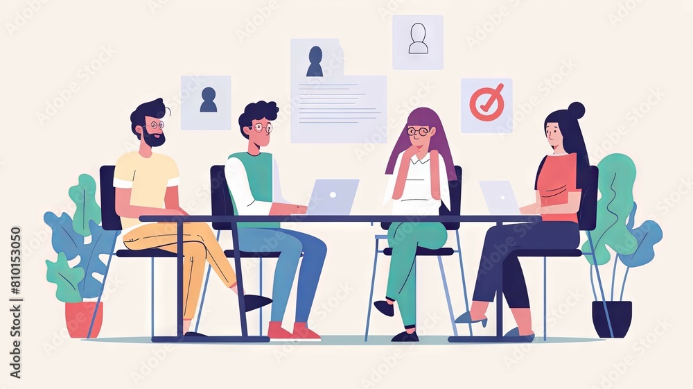 Fototapeta premium Colorful illustration of a diverse team working together - Cheerful and bright illustration showcasing a diverse team engaged in collaboration and creative work in an office setting
