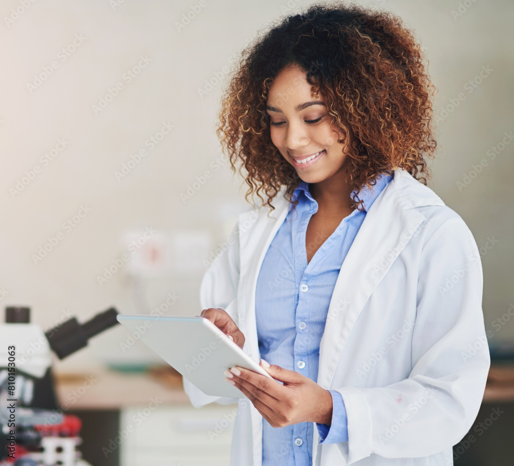 Scientist, reading and woman in lab with tablet for test, data or study research info online for vaccine. Science, tech and person check results of medical experiment or analysis of virus or bacteria Scientist, reading and woman in lab with tablet for test, data or study research info online for vaccine. Science, tech and person check results of medical experiment or analysis of virus or bacteria