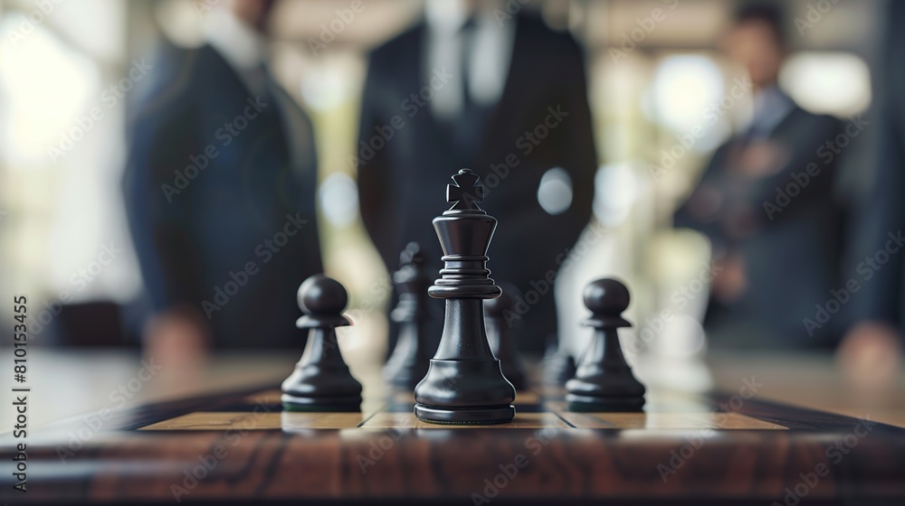 Chess board with figures and businesspeople in the background, shallow depth of field Chess board with figures and businesspeople in the background, shallow depth of field