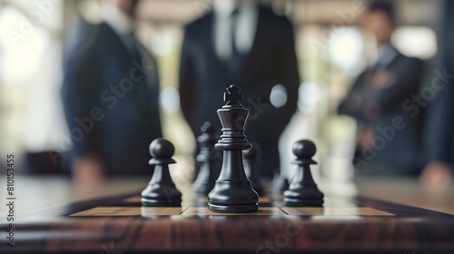 Chess board with figures and businesspeople in the background, shallow depth of field