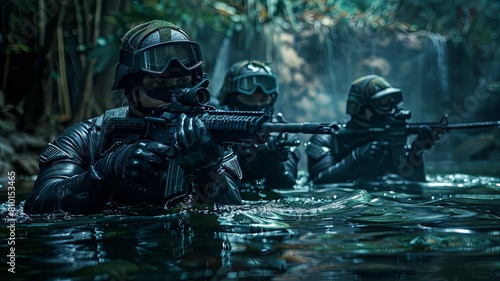 Armed soldier aiming rifle in murky water - High-stakes image of a soldier with a rifle aiming carefully, submerged in water, with squad members behind in the shadows