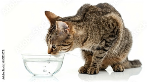 Domestic cat drinking water from glass bowl - In this sharp image, a domestic cat is attentively drinking water from a transparent glass bowl, portraying natural feline behavior