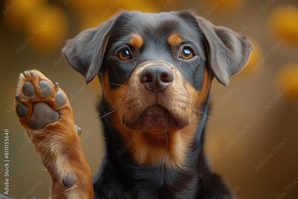 Dog sitting with one a paw up and looking at camera. Generative AI