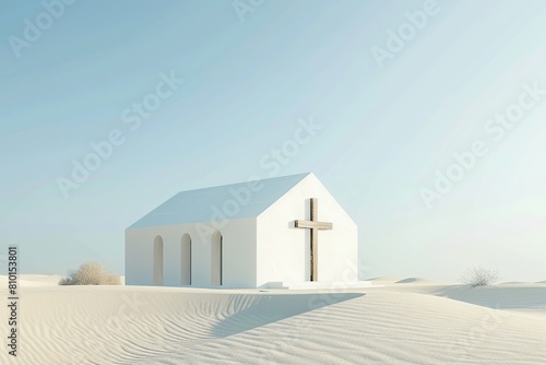 white church in the desert with blue sky