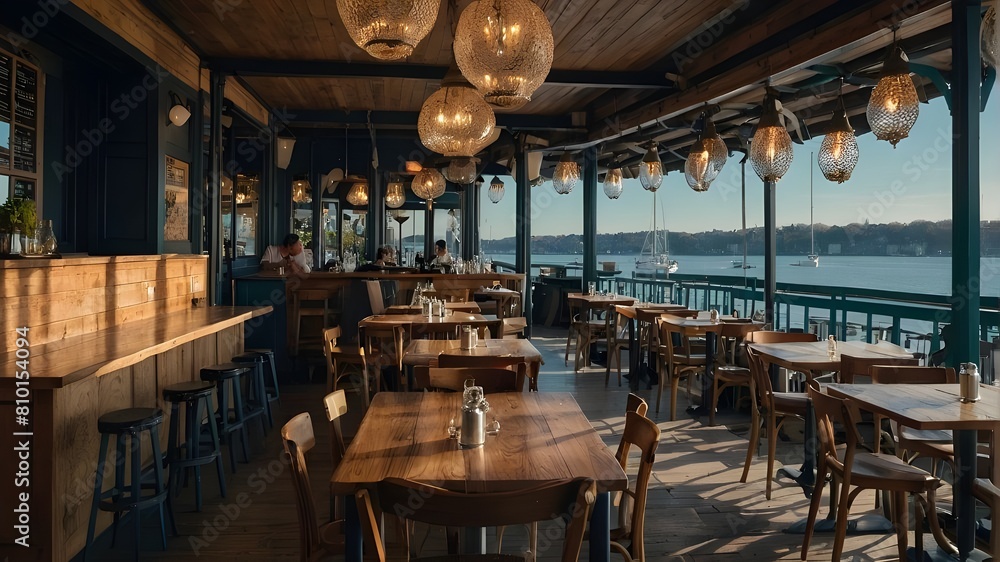 restaurant guinguette on the waterfront featuring a covered terrace and bright chandeliers