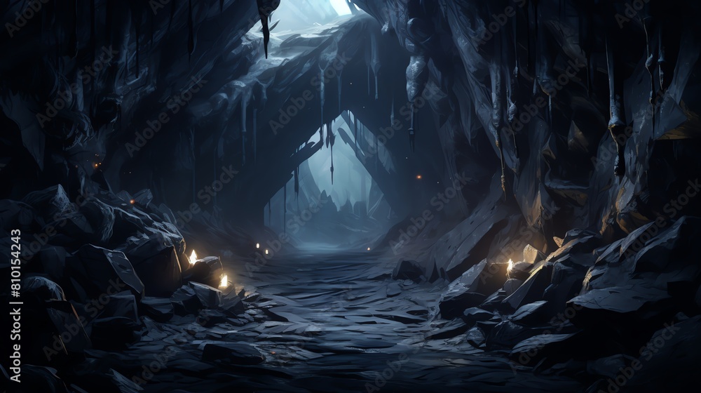 A dark, mysterious cave, only light comes from a few candles and the distant glow of moon. The air is cold and damp. 