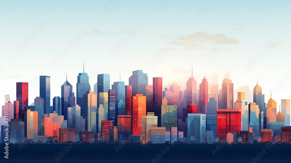 Generate a digital painting of a cityscape. The colors should be vibrant, style should be modern. The image should be in hue pixels.