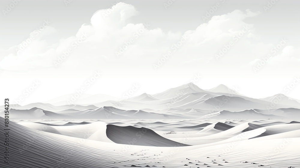 A vast empty desert landscape with rolling sand dunes and a distant mountain range. The scene is bathed in a soft, white light.