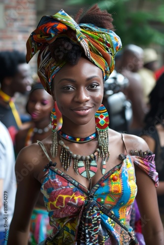 Radiant African American woman in traditional attire celebrates Juneteenth with a bright smile and a headwrap. Juneteenth freedom day, African-American Independence Day, June 19