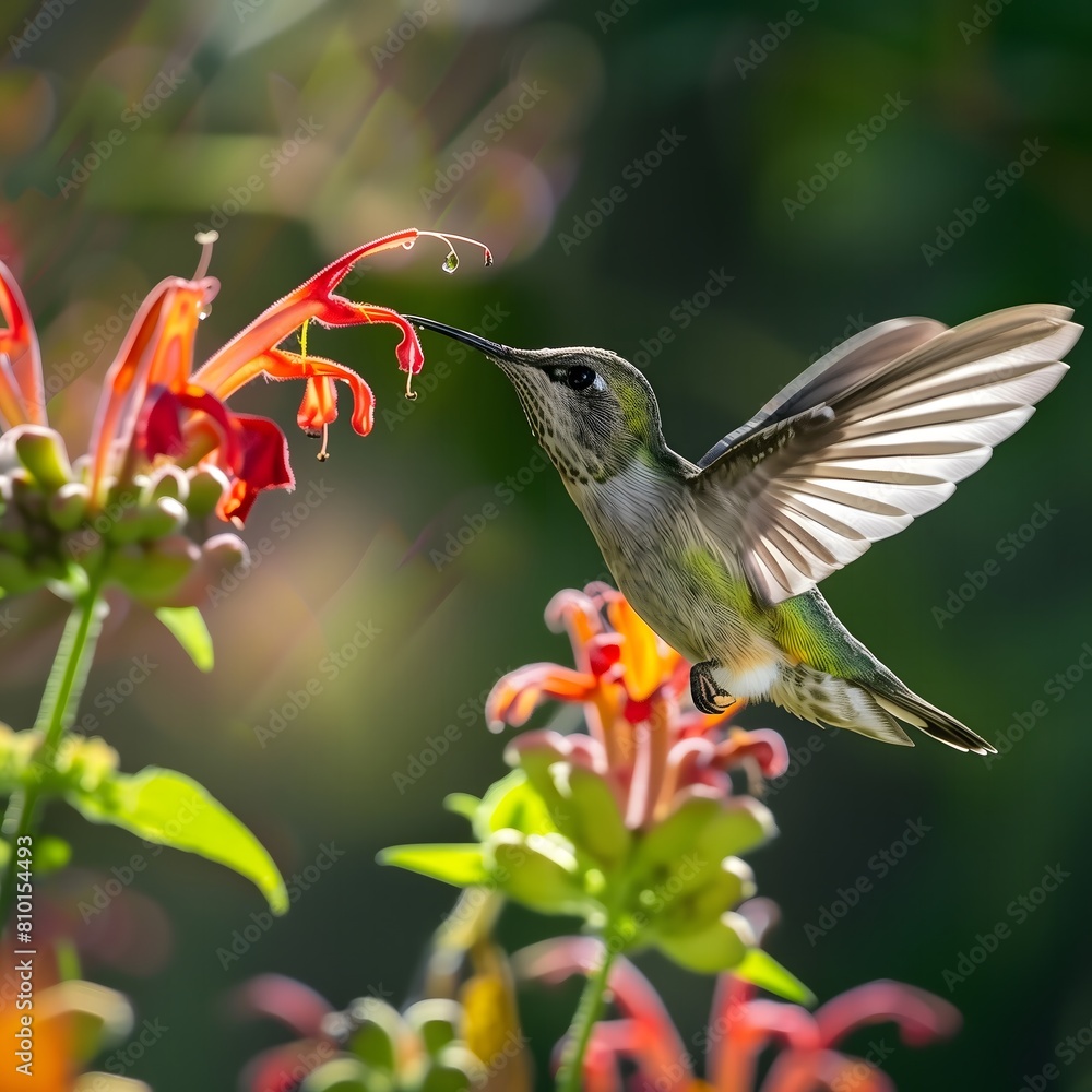 Fototapeta premium Hummingbird Hovering Near Vibrant Orange Flowers on a Sunny Day. AI.