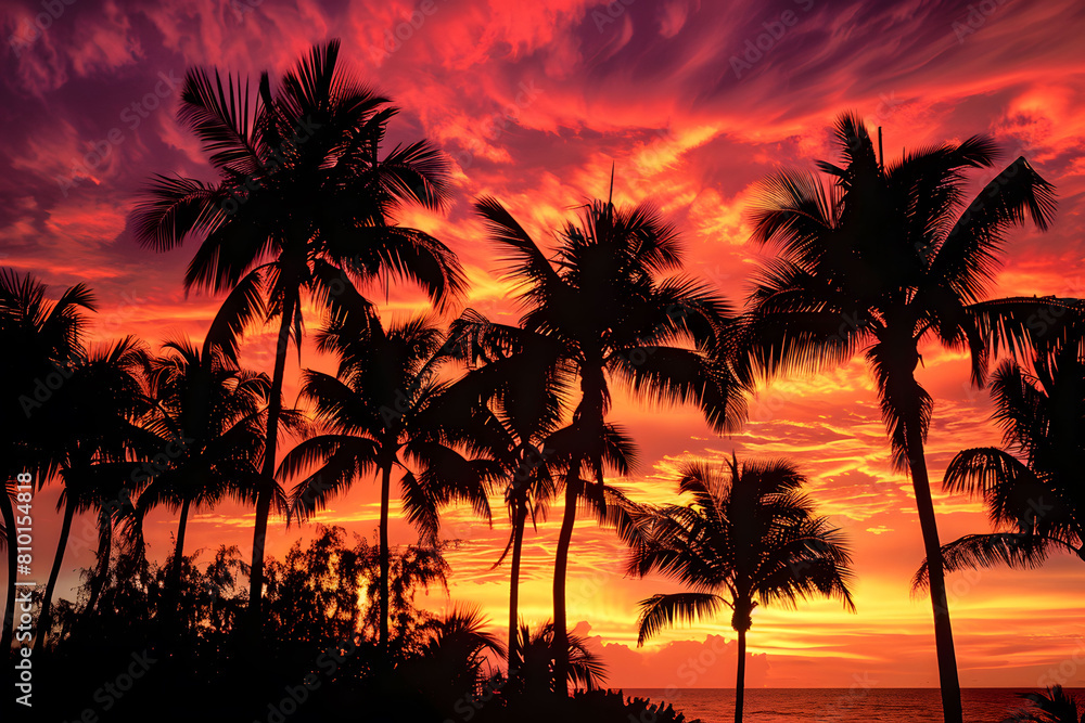 Palm tree silhouettes against tropical sunset. Exotic vacation concept.