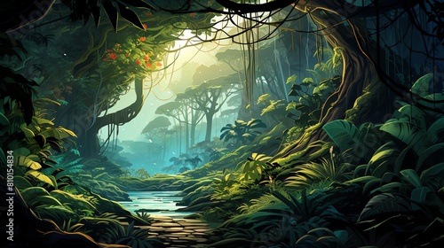 A lush and vibrant jungle scene  with a crystal-clear river running through the middle