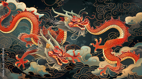 Greeting card for New Year 2024 with Chinese dragons