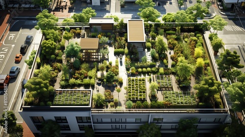 A lush rooftop garden oasis in the middle of a bustling city. Trees, all kinds of plant fill the space, creating a peaceful and relaxing atmosphere