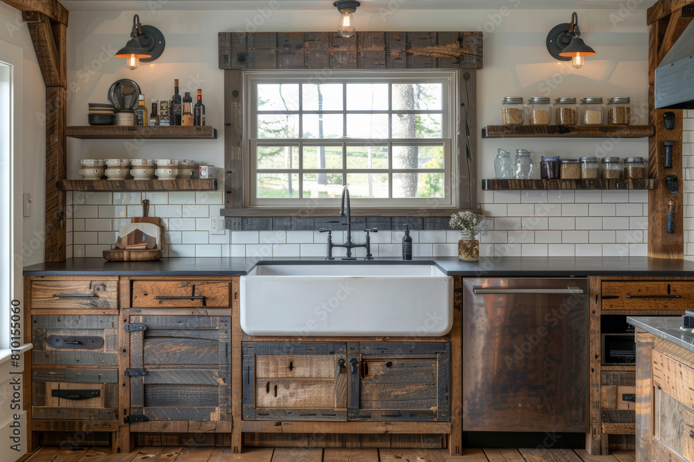 Innovative kitchen setup using reclaimed timber for cabinet doors, marrying old charm with modern functionality. AI generated. Innovative kitchen setup using reclaimed timber for cabinet doors, marrying old charm with modern functionality. AI generated.