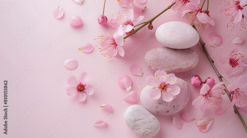 Serene Sakura Blossoms and Balanced Stones on a Pastel Pink Background. AI. Serene Sakura Blossoms and Balanced Stones on a Pastel Pink Background. AI.