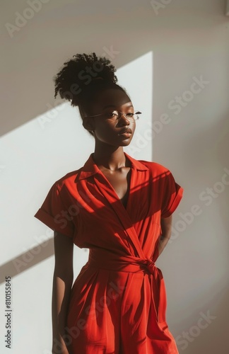 Woman in a Red Dress Standing in a Room