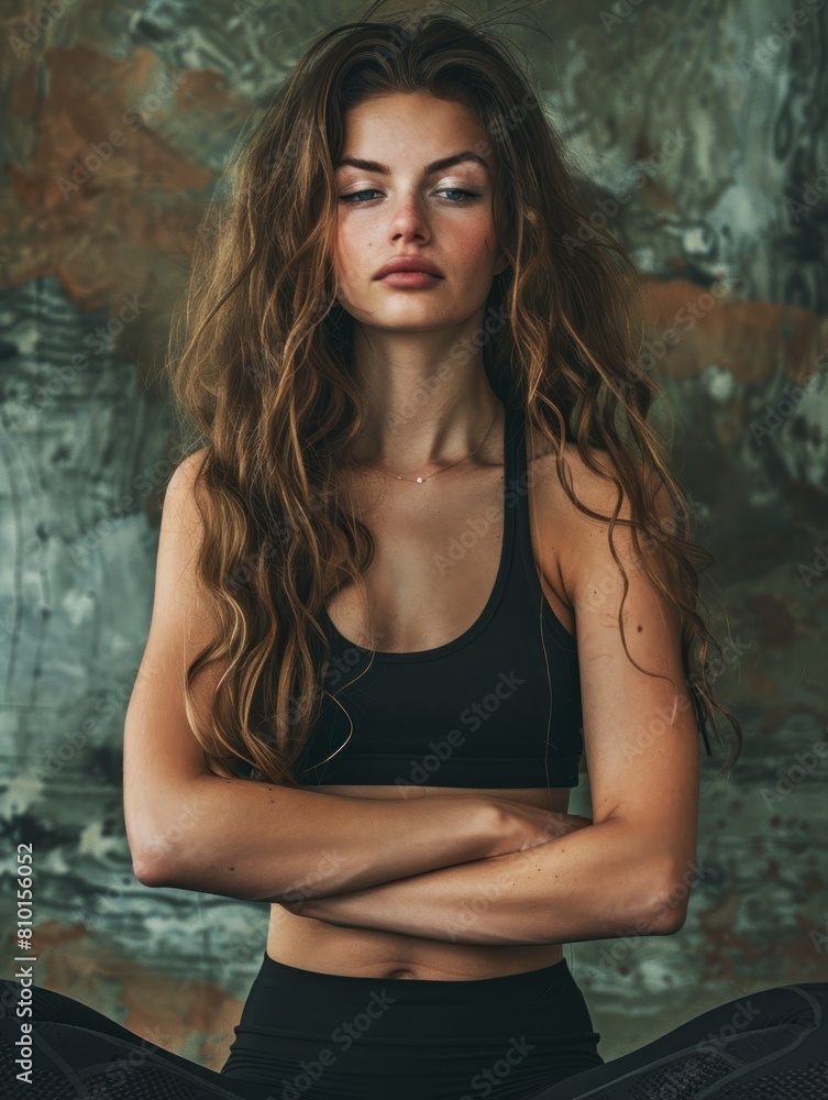 Fototapeta premium Portrait of gorgeous sporty sensual woman practicing yoga and meditates, healthy life concept