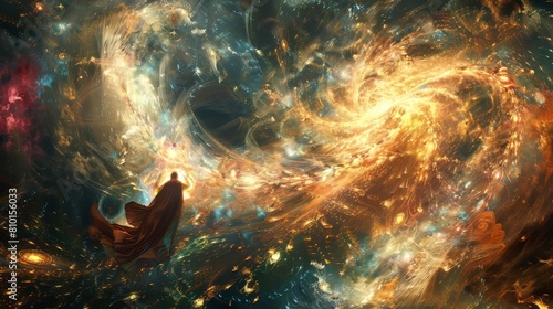 Surreal scene of Elijah being taken up to heaven in a chariot of fire amidst swirling cosmic energies photo