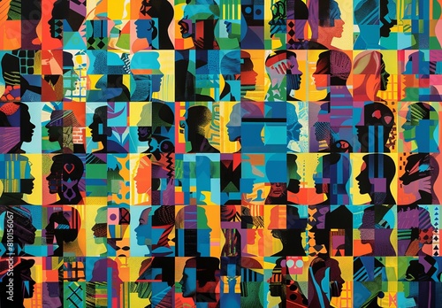 A diverse and colorful mosaic featuring abstract human silhouettes in various poses and profiles on a grid backdrop