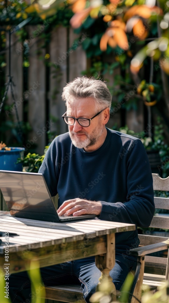 Portrait of modern middle-aged man with pleasant appearance working with laptop in home garden Portrait of modern middle-aged man with pleasant appearance working with laptop in home garden
