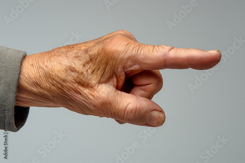 Right hand, elderly man's hand. Close-up of the left hand making sign. Generative AI