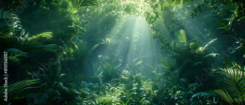 A dense  lush rainforest canopy with rays of sunlight filtering through the leaves  creating an enchanting and magical atmosphere