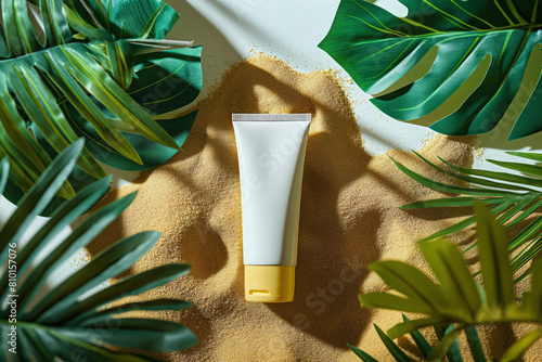 Tube of sunscreen on a sand, on a turquoise background. Generative AI photo