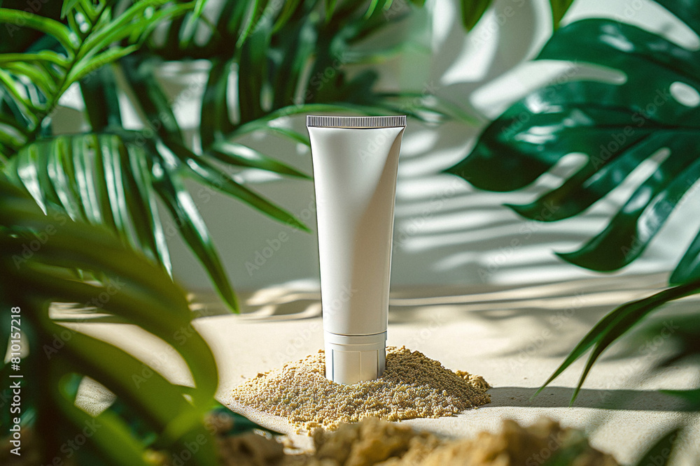 Tube of sunscreen on a sand, on a turquoise background. Generative AI Tube of sunscreen on a sand, on a turquoise background. Generative AI