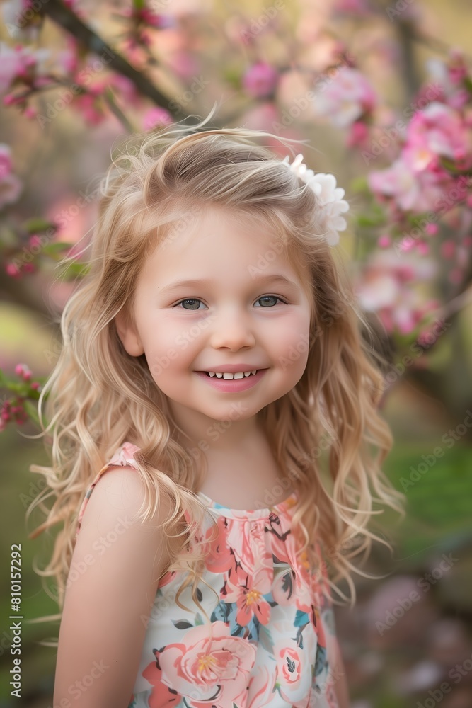 Smiling Young Girl With Floral Dress Amidst Spring Cherry Blossoms. AI. Smiling Young Girl With Floral Dress Amidst Spring Cherry Blossoms. AI.