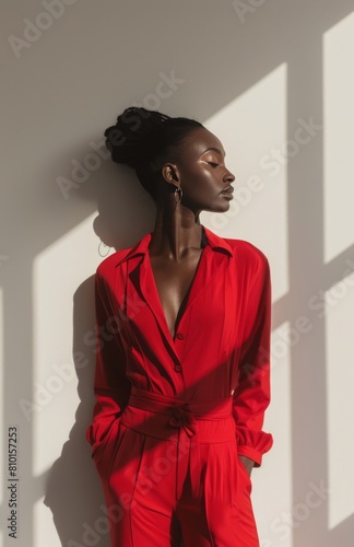 Woman in a Red Dress Standing in a Room