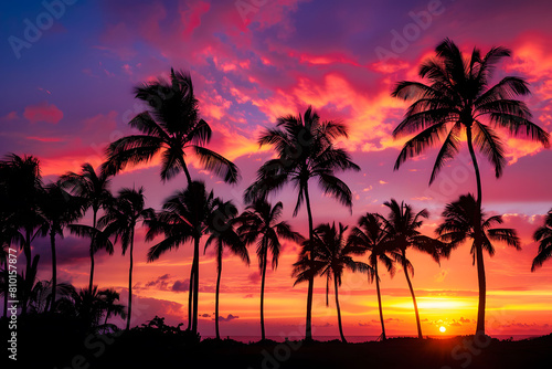 Tropical sunset with palm tree silhouettes. Exotic paradise concept.