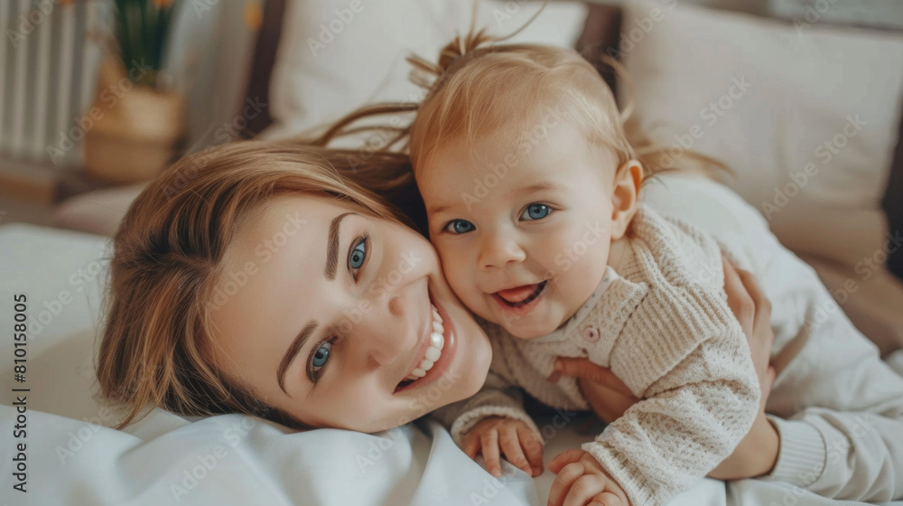 Cheerful blonde woman, little baby girl lying on white bed, hugging, playing at home, having fun. Lifestyle, love, family, motherhood, childhood. Mother day. copy space. Care, protection of children Cheerful blonde woman, little baby girl lying on white bed, hugging, playing at home, having fun. Lifestyle, love, family, motherhood, childhood. Mother day. copy space. Care, protection of children