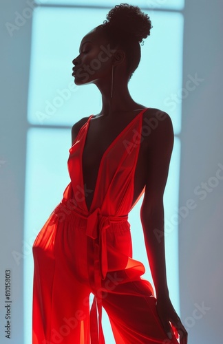 Woman in a Red Dress Standing in a Room