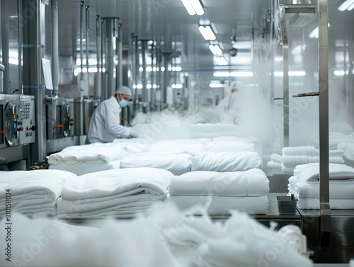 Large-scale industrial laundry processing - Wide-angle shot of an industrial laundry setup with substantial bedding linen inventory and machinery accompanied by workers