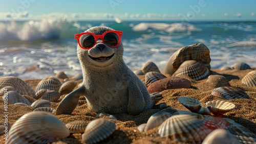 Cheerful seal on the sandy beach with waves - This bright image showcases an exuberant seal with rad red sunglasses chilling on a beach with waves crashing photo
