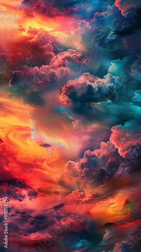 Vivid cloudscape with cosmic energy feel - This image showcases a vibrant blend of colorful clouds and celestial elements, creating a surreal, energy-charged atmosphere