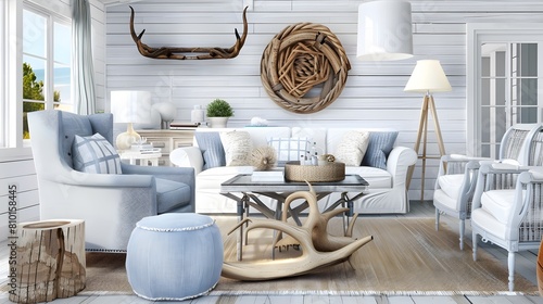 coastal living room with nautical decor, light blue accents, and driftwood accents