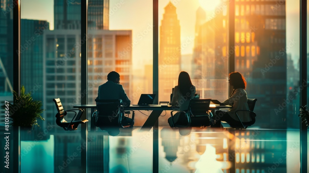 Corporate team at sunrise meeting in glass boardroom Corporate team at sunrise meeting in glass boardroom
