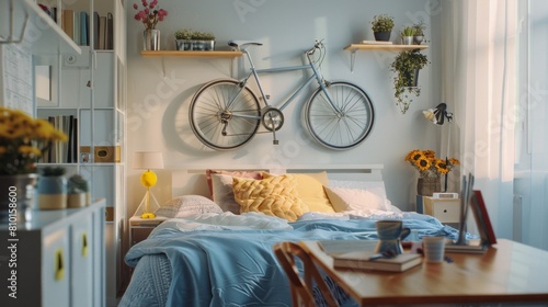 Cozy modern bedroom with wall-mounted bicycle