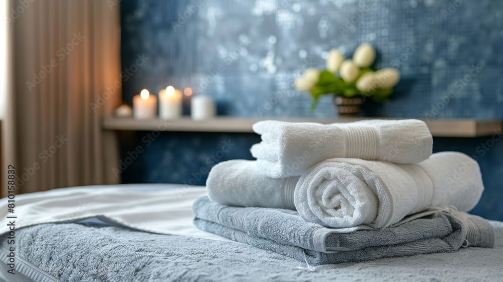 Serene spa setup with candles and towels