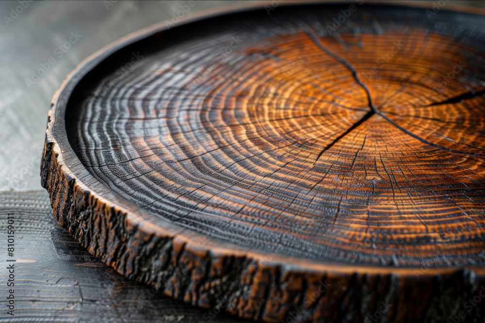 Close-up view of a handcrafted timber plate, with a focus on its rustic texture and hand-finished charm.. AI generated.
