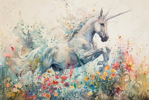 Whimsical watercolor painting of a magical unicorn prancing through a field of flowers photo