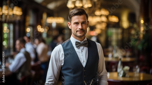 Man Wearing Bow Tie in Restaurant