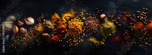 Different kind of spices on a black background. Top View of Spices and Herbs on Black Stone with Empty Space 