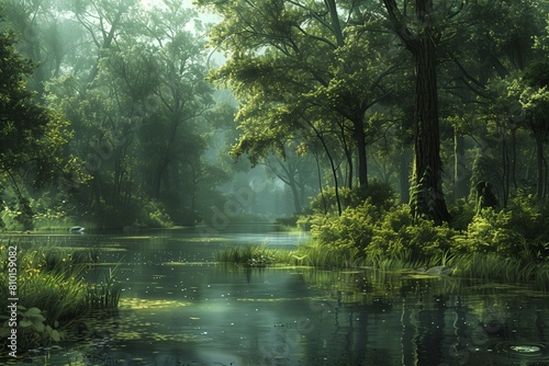 Peaceful morning misty forest lake lush trees soft natural light illustration