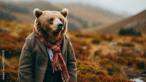debonair bear in a tweed blazer, accessorized with a tartan scarf and a monocle. photo