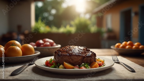 World food safety day with a vibrant outdoor feast, beef dish recipe on the table photoshoot for an advertisement, a sunny background filled with colorful dishes photo
