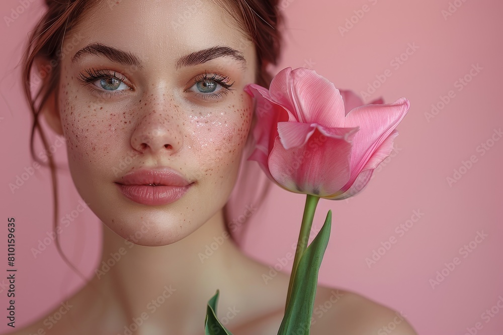 Close-up portrait of a young woman with freckles and green eyes softly holding a pink tulip against a pink background Close-up portrait of a young woman with freckles and green eyes softly holding a pink tulip against a pink background