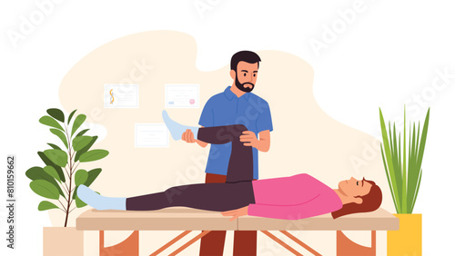 Vector illustration of an osteopath doctor. Cartoon scene of a girl lying on a couch, an osteopath checking muscle mobility, plants in pots, certificates on the wall isolated on a white background.
